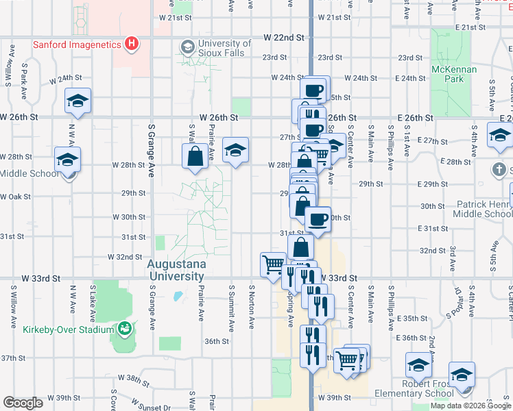 map of restaurants, bars, coffee shops, grocery stores, and more near 2108 South Norton Avenue in Sioux Falls