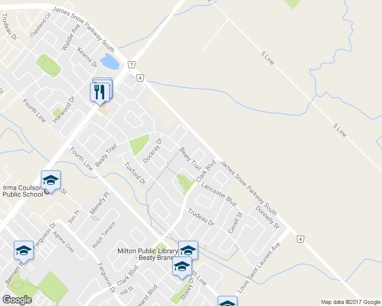 map of restaurants, bars, coffee shops, grocery stores, and more near 1636 Allan Crescent in Milton