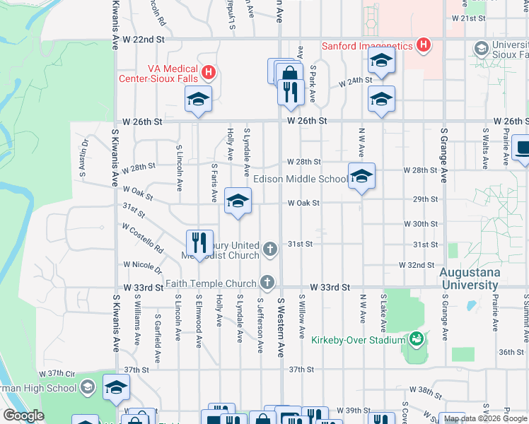 map of restaurants, bars, coffee shops, grocery stores, and more near 2203 South Western Avenue in Sioux Falls