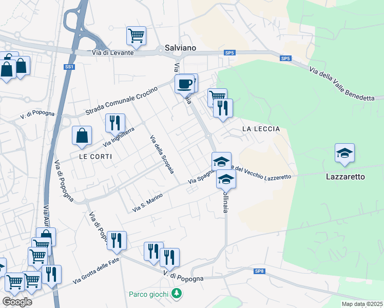 map of restaurants, bars, coffee shops, grocery stores, and more near 33 Via Francia in Livorno