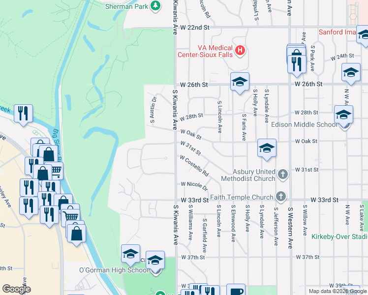 map of restaurants, bars, coffee shops, grocery stores, and more near 2813 West 31st Street in Sioux Falls