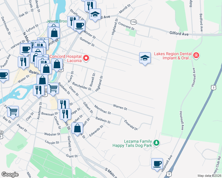 map of restaurants, bars, coffee shops, grocery stores, and more near 37 Lafayette Street in Laconia