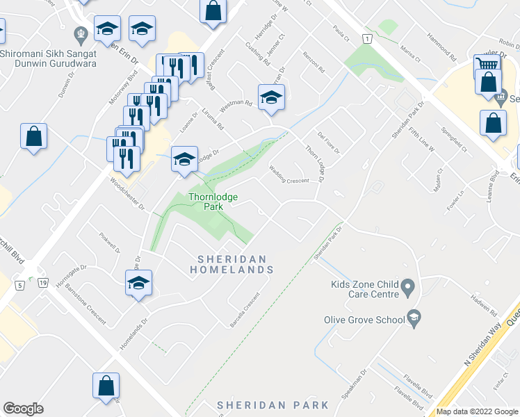 map of restaurants, bars, coffee shops, grocery stores, and more near 2489 Woking Crescent in Mississauga