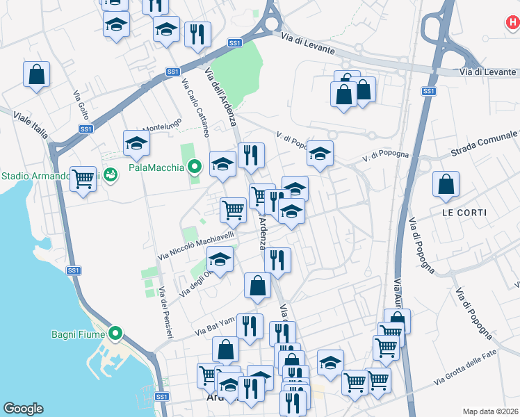 map of restaurants, bars, coffee shops, grocery stores, and more near 97 Via dell'Ardenza in Livorno