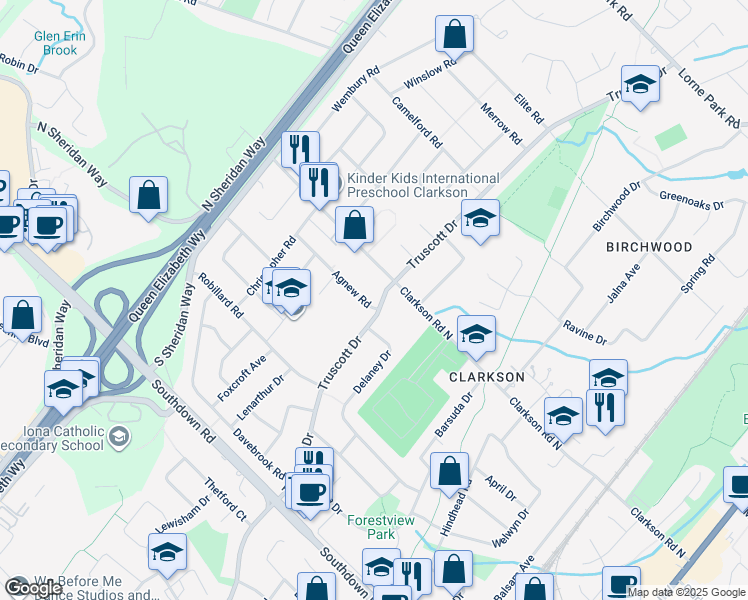 map of restaurants, bars, coffee shops, grocery stores, and more near 1789 Truscott Drive in Mississauga