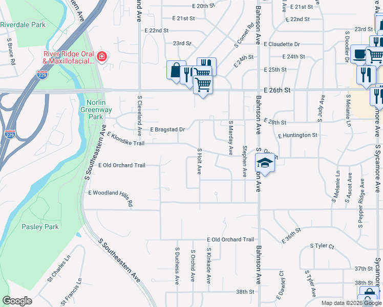 map of restaurants, bars, coffee shops, grocery stores, and more near 2305 South Woodbine Lane in Sioux Falls