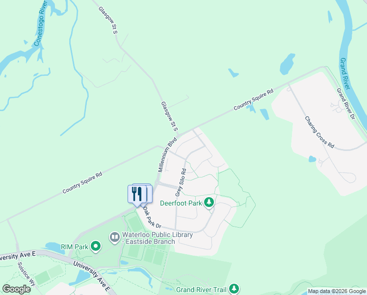 map of restaurants, bars, coffee shops, grocery stores, and more near 511 Gristmill Street in Waterloo