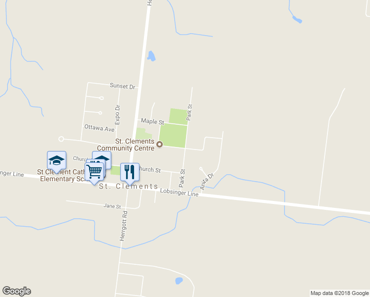 map of restaurants, bars, coffee shops, grocery stores, and more near Park Street in Waterloo Regional Municipality