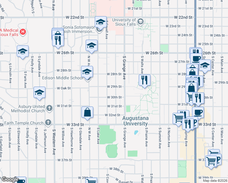 map of restaurants, bars, coffee shops, grocery stores, and more near 2111 South Euclid Avenue in Sioux Falls