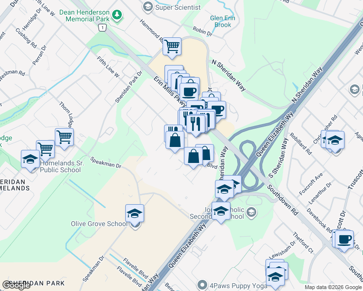 map of restaurants, bars, coffee shops, grocery stores, and more near 2579 Kenna Court in Mississauga