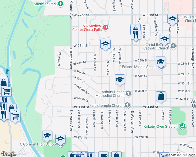 map of restaurants, bars, coffee shops, grocery stores, and more near 2601-2699 West Oak Street in Sioux Falls