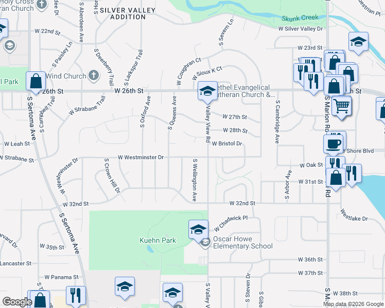 map of restaurants, bars, coffee shops, grocery stores, and more near 6100-6198 West Westminster Drive in Sioux Falls