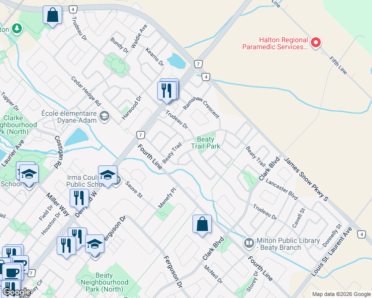 map of restaurants, bars, coffee shops, grocery stores, and more near 1543 Dinsmore Drive in Milton