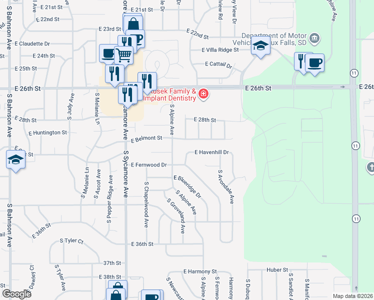 map of restaurants, bars, coffee shops, grocery stores, and more near 4814 East Havenhill Drive in Sioux Falls