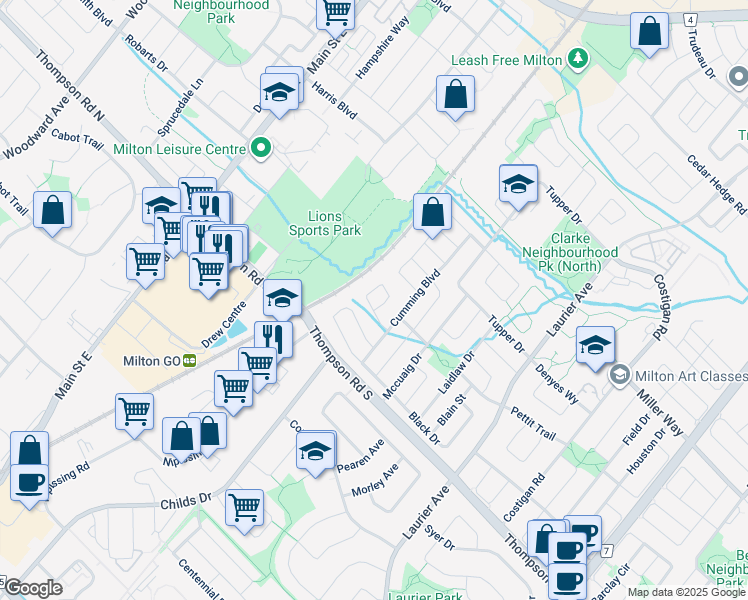 map of restaurants, bars, coffee shops, grocery stores, and more near 269 Fasken Court in Milton