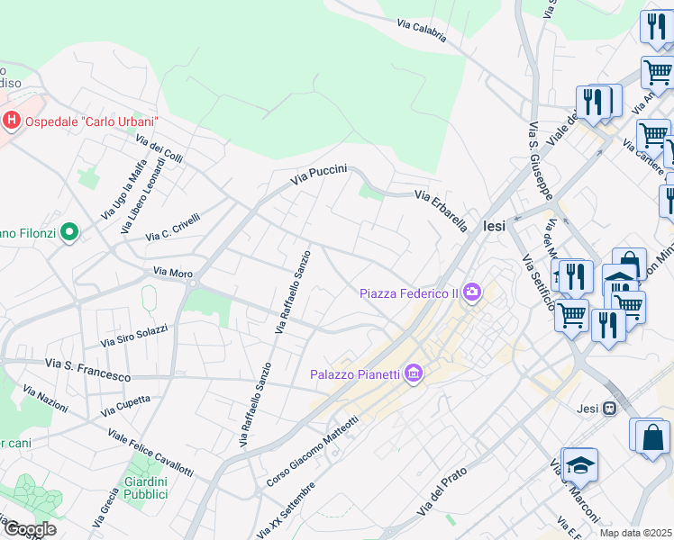 map of restaurants, bars, coffee shops, grocery stores, and more near 55A Via Antonio Gramsci in Jesi