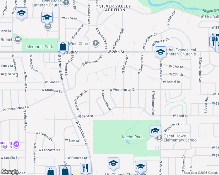 map of restaurants, bars, coffee shops, grocery stores, and more near 6600 West Westminster Drive in Sioux Falls