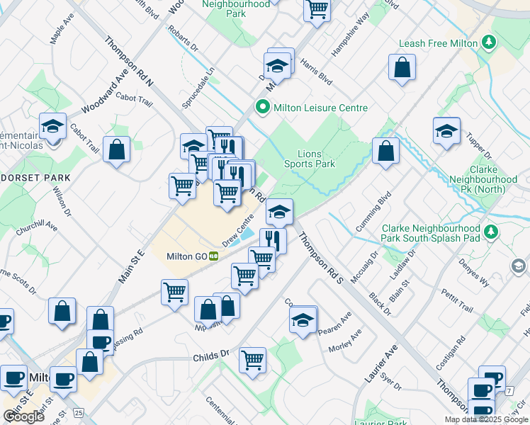 map of restaurants, bars, coffee shops, grocery stores, and more near 130 Thompson Road South in Milton