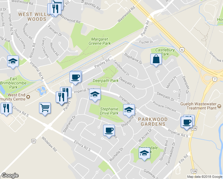map of restaurants, bars, coffee shops, grocery stores, and more near 3 Deerpath Drive in Guelph