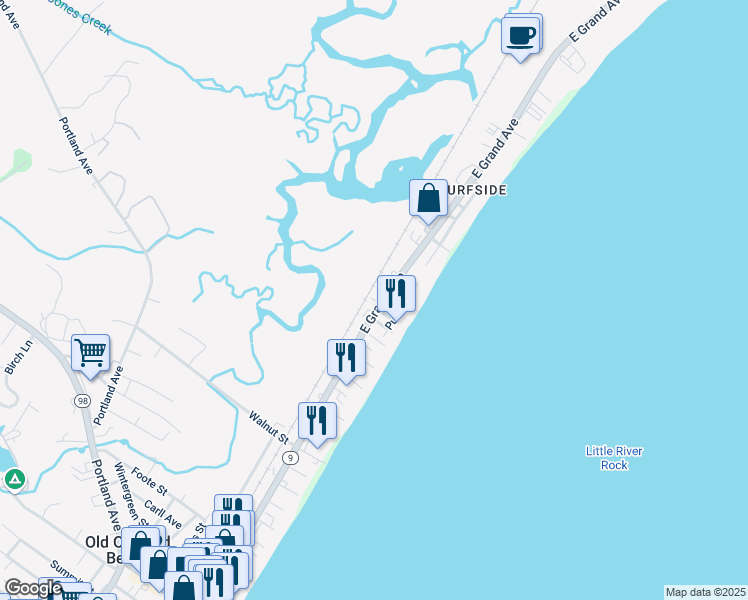 map of restaurants, bars, coffee shops, grocery stores, and more near 152 East Grand Avenue in Old Orchard Beach