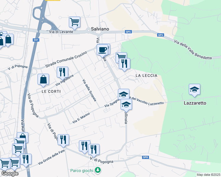 map of restaurants, bars, coffee shops, grocery stores, and more near 33 Via Francia in Livorno