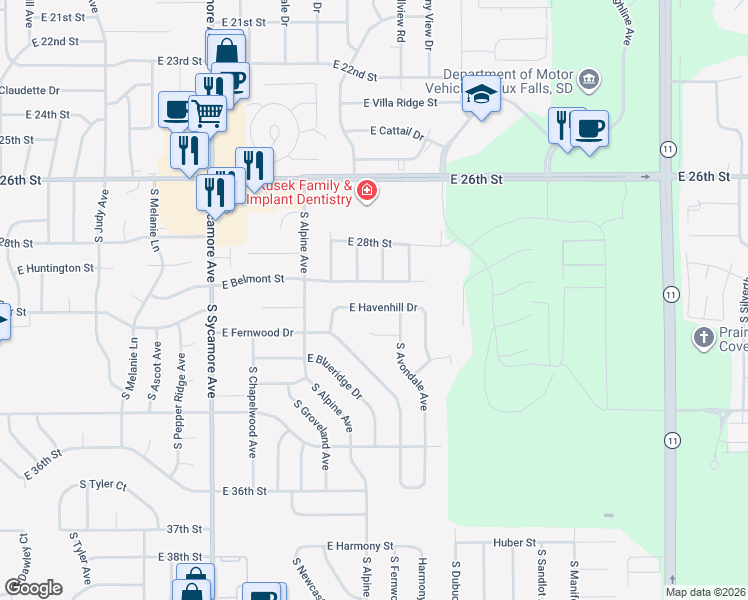 map of restaurants, bars, coffee shops, grocery stores, and more near 4914 East Havenhill Drive in Sioux Falls