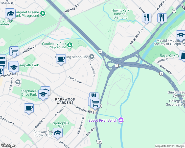 map of restaurants, bars, coffee shops, grocery stores, and more near 193 Deerpath Drive in Guelph