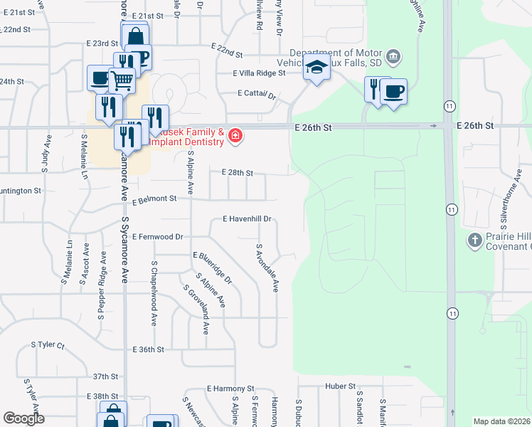 map of restaurants, bars, coffee shops, grocery stores, and more near 5004 East Havenhill Drive in Sioux Falls