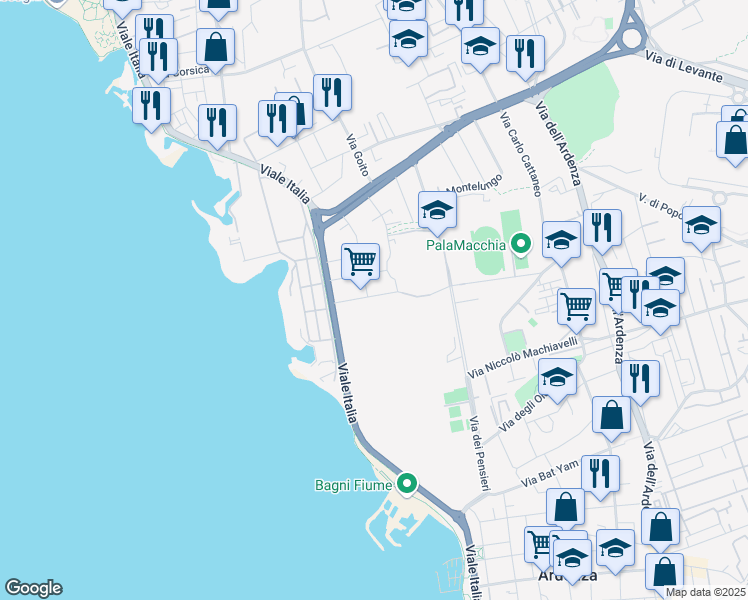 map of restaurants, bars, coffee shops, grocery stores, and more near 24 Via Giovanni Randaccio in Livorno