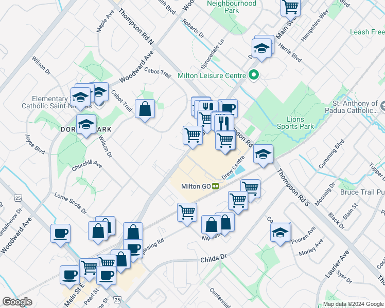 map of restaurants, bars, coffee shops, grocery stores, and more near 800 Main Street East in Milton