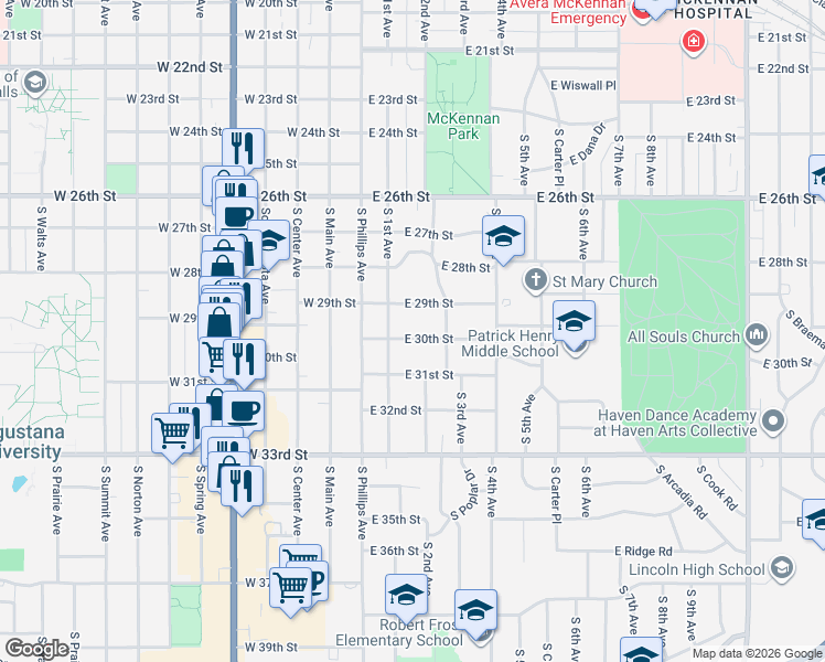 map of restaurants, bars, coffee shops, grocery stores, and more near 216 East 30th Street in Sioux Falls