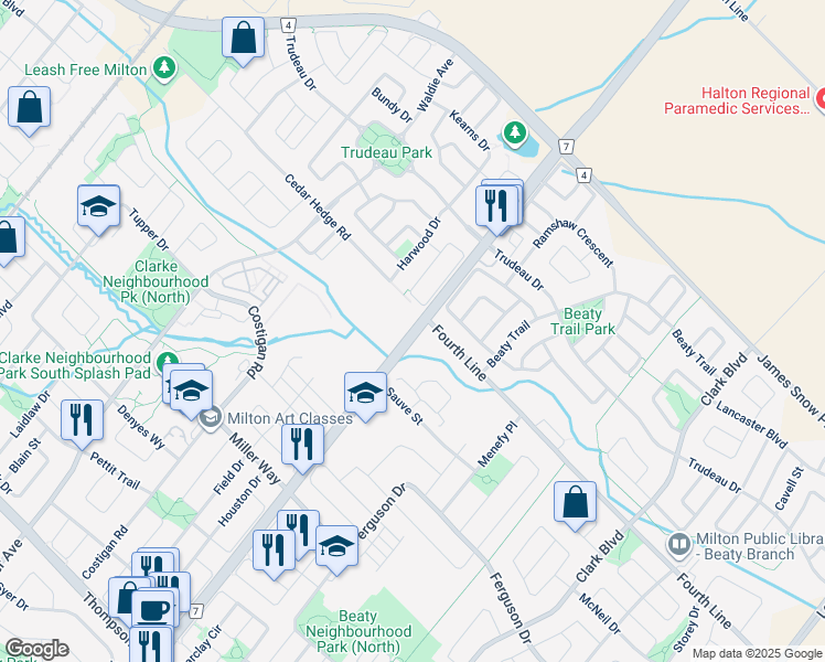 map of restaurants, bars, coffee shops, grocery stores, and more near 9755 Derry Road West in Mississauga
