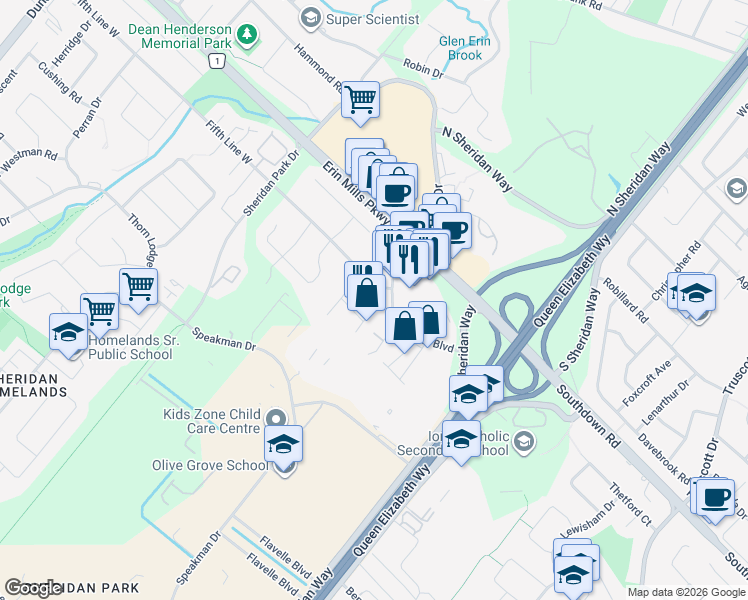 map of restaurants, bars, coffee shops, grocery stores, and more near 2585 Kenna Court in Mississauga