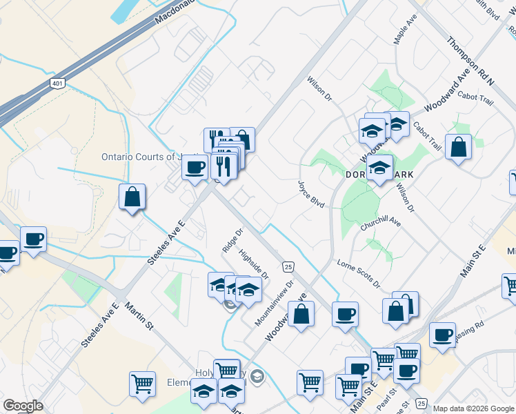 map of restaurants, bars, coffee shops, grocery stores, and more near 449 Ontario Street North in Milton