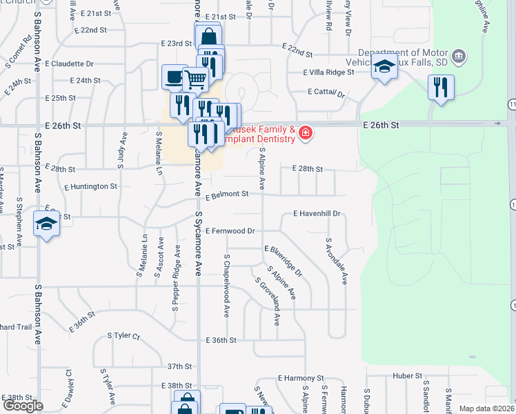 map of restaurants, bars, coffee shops, grocery stores, and more near 2111 South Alpine Avenue in Sioux Falls