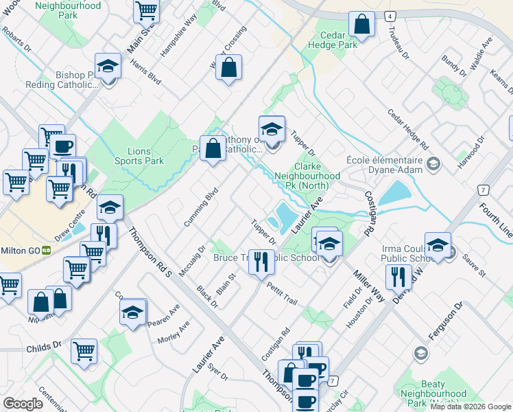 map of restaurants, bars, coffee shops, grocery stores, and more near 364 Hobbs Crescent in Milton