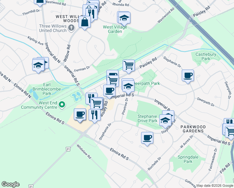 map of restaurants, bars, coffee shops, grocery stores, and more near 75 B Ryde Road in Guelph