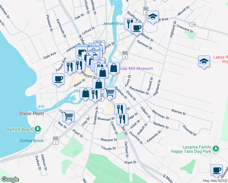 map of restaurants, bars, coffee shops, grocery stores, and more near 25 Union Avenue in Laconia