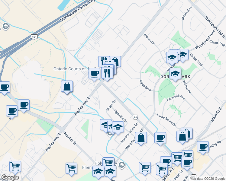map of restaurants, bars, coffee shops, grocery stores, and more near 481 Ontario Street North in Milton