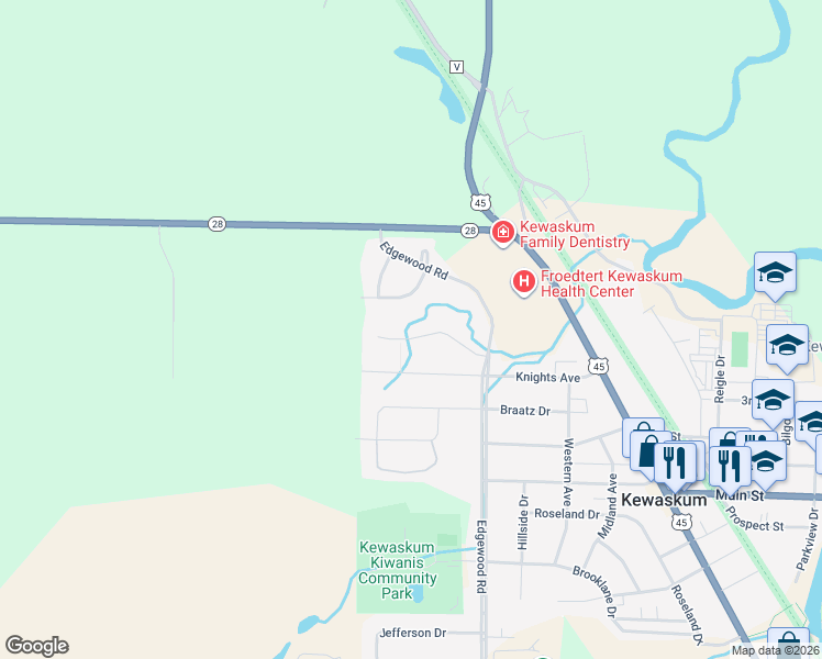 map of restaurants, bars, coffee shops, grocery stores, and more near 490 Evergreen Terrace in Kewaskum