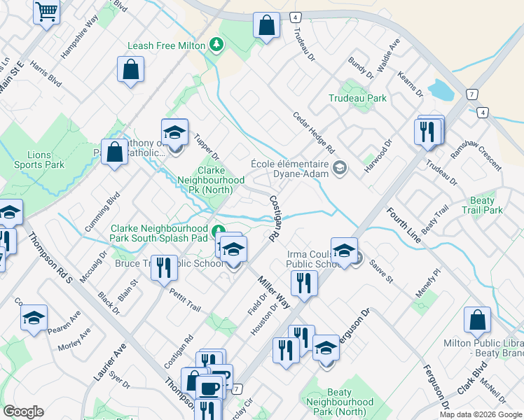 map of restaurants, bars, coffee shops, grocery stores, and more near 1379 Costigan Road in Milton