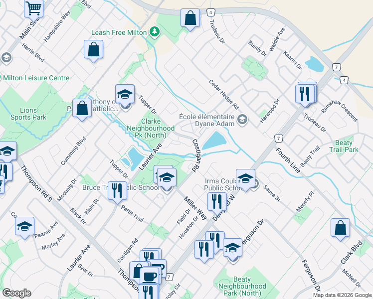 map of restaurants, bars, coffee shops, grocery stores, and more near 1379 Costigan Road in Milton