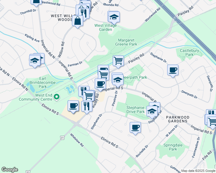 map of restaurants, bars, coffee shops, grocery stores, and more near 75 B Ryde Road in Guelph