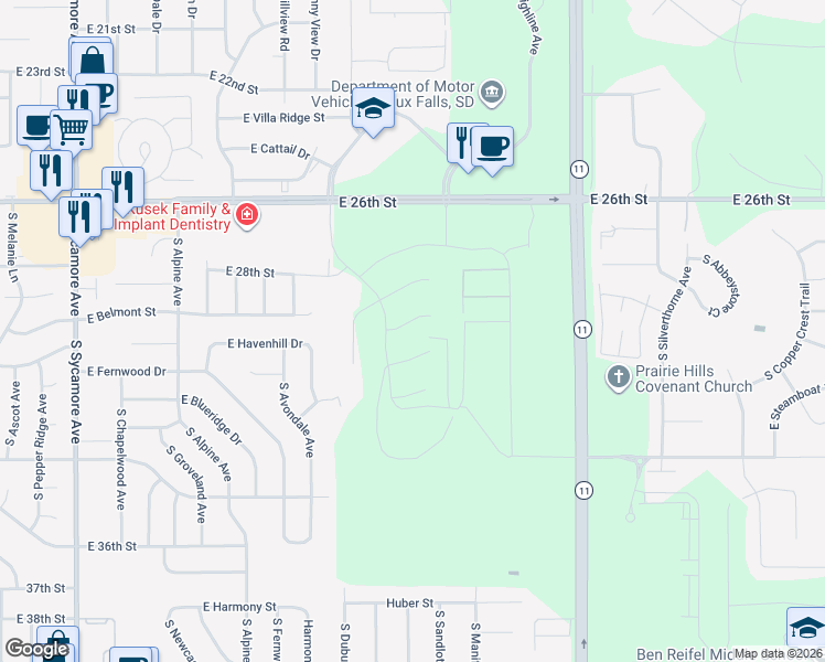 map of restaurants, bars, coffee shops, grocery stores, and more near 5030 East Havenhill Drive in Sioux Falls