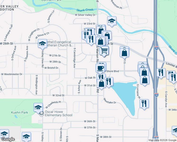 map of restaurants, bars, coffee shops, grocery stores, and more near 2212 South Larch Avenue in Sioux Falls