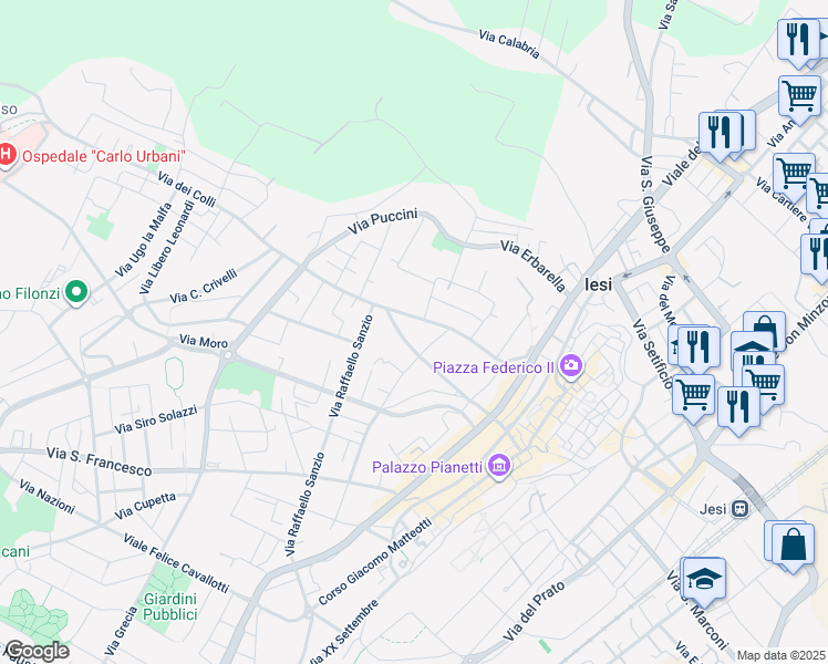 map of restaurants, bars, coffee shops, grocery stores, and more near 55A Via Antonio Gramsci in Jesi