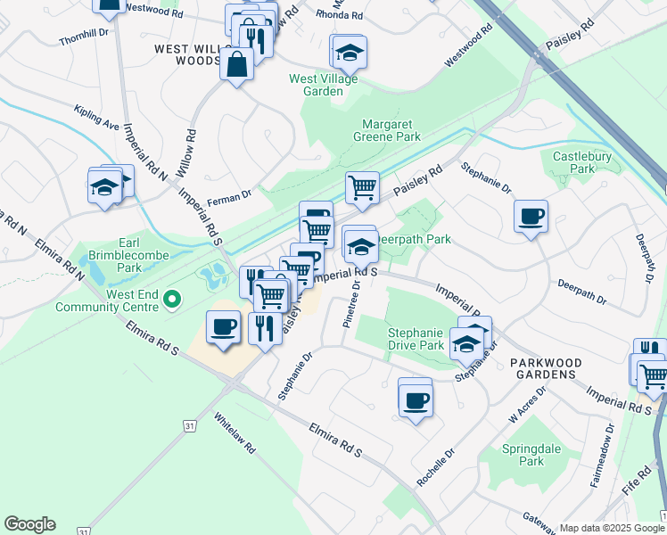 map of restaurants, bars, coffee shops, grocery stores, and more near 75 Ryde Road in Guelph