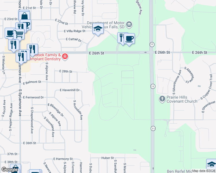 map of restaurants, bars, coffee shops, grocery stores, and more near 5030 East Havenhill Drive in Sioux Falls