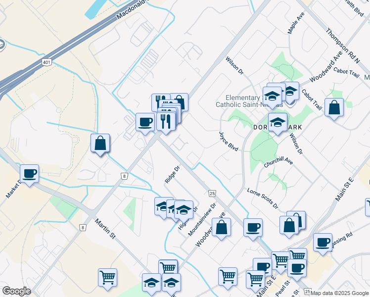 map of restaurants, bars, coffee shops, grocery stores, and more near 449 Ontario Street North in Milton