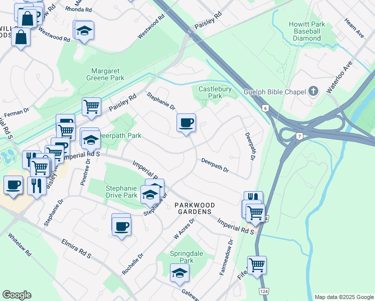 map of restaurants, bars, coffee shops, grocery stores, and more near Deerpath Drive in Guelph
